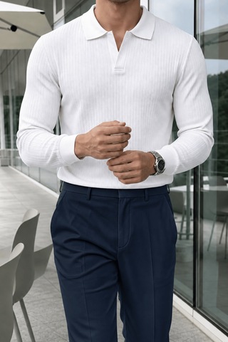 Genius Store Erkek Polo Yaka Kazak Fitilli Anti Pilling Tüylenme Yapmaz Regular Fit Erkek Triko Kazak Pyaka-kzk Beyaz