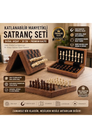 Lüks Doğal Ahşap Manyetik Satranç Takımı 30x30 Cm Katlanabilir Özel Yuvalı Premium Satranç Seti