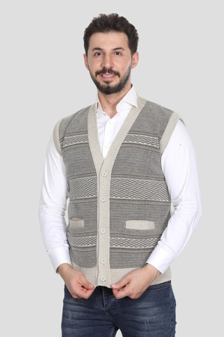 Kzc Tekstil Erkek Baba Orta Yaş Ve Üzeri Triko Örgü Akrilik Kışlık Kalın Dokulu Düğmeli Cepli Baba Yelek Bej