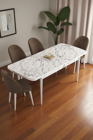 Mura Beyaz Mermer 80x132 Açılabilir Mdf Masa Yemek Odası Takımı, Mutfak Takımı 4 Adet Sandalye Kahverengi