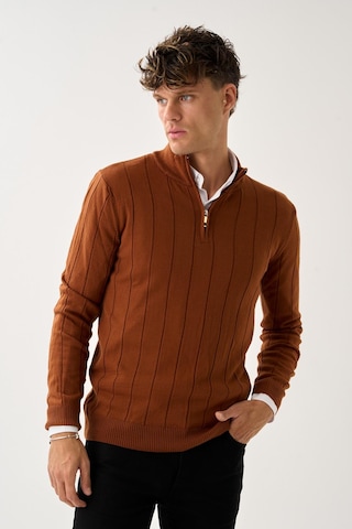 Dikey Dokuma Desenli Fermuarlı Triko Kazak Kiremit