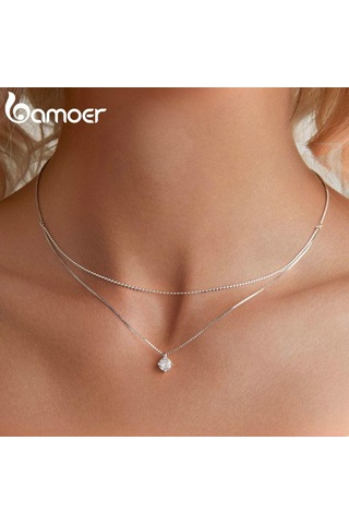 Bamoer 925 Ayar Gümüş Parlayan Zirkon Kolye Kolye Çift Katmanlı Boyun Zinciri Kadınlar İçin Nişan Düğün Güzel Takı Gümüş