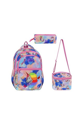 Unicorn Desenli 3 Lü Ortopedik Kız Okul Çantası Seti Okul Çantası+beslenme Çantası+kalemlik Koyu Purple