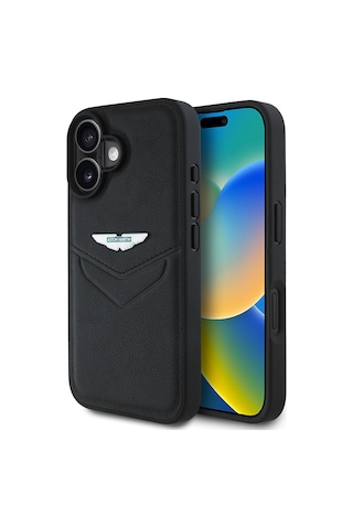 Apple Uyumlu iPhone 16 Kılıf Aston Martin Lisanslı Victory Dizayn Pu Deri Metal Logolu Kapak Siyah