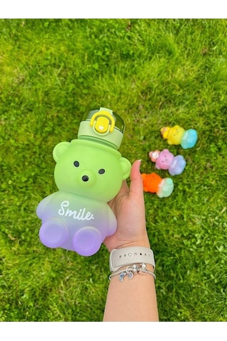 Smile Ayıcıklı Renkli 800 Ml Matara Su Şişesi Tritan Bpa Içermez Sticker Hediyeli Pembe Plastik Diğer