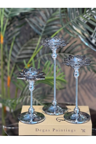 Chacha Home 3'lü Metal Ayaklı Lotus Kristal Cam Şamdan Mumluk Seti 29 Cm - 24 Cm - 19 Cm - Dekoratif Nilüfer Çiçeği Mum Standı Gümüş