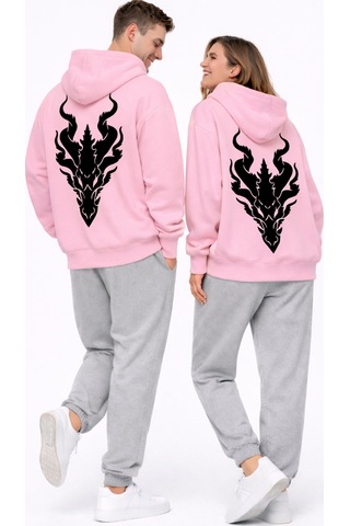 Nevermınd Unisex Ejderha Baskılı Beyaz Sevgili Kombini Oversize Hoodie Seti Pembe Pembe