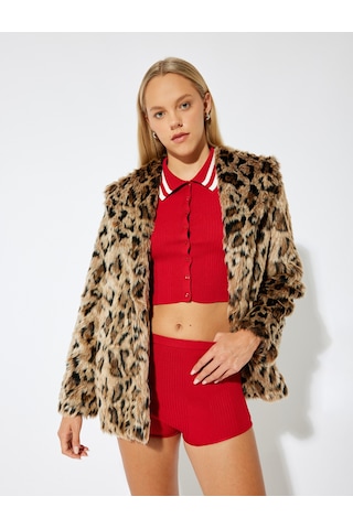 Koton Suni Kürk Kaban Oversize Leopar Desenli Şal Yaka Kapüşonlu Cep Detaylı Leopar Desenli 5wal00044ıw Leopar Desenli Çok Renkli