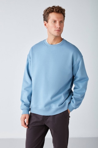 Grimelange Stephan Erkek Yumuşacık Kışlık Kumaşlı 3 Iplik Organik Pamuk Örme Oversize Mavi Sweatshirt
