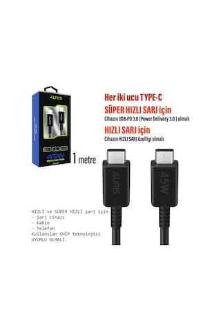 45w Süper Hızlı Şarj Kablosu Type C - Type C Samsung Type-c Telefonlar Uyumlu