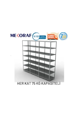 Mekoraf 43 X 93 7 Katlı 2.5 Metre Duble 3 Ünite Çelik Raf Gri