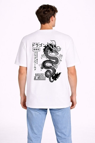 Nevermind Oversize Erkek Tişört Arkası Baskılı Dragon Japon Style Streetwea Beyaz