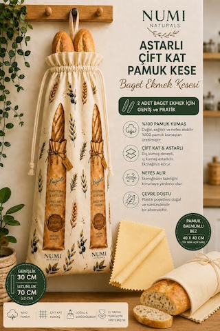 Premium Baget Ekmek Saklama Seti - 1 Pamuklu Çift Kat Astarlı Kese 30x70 + 2 Balmumu Bez 40x40 Çok Renkli