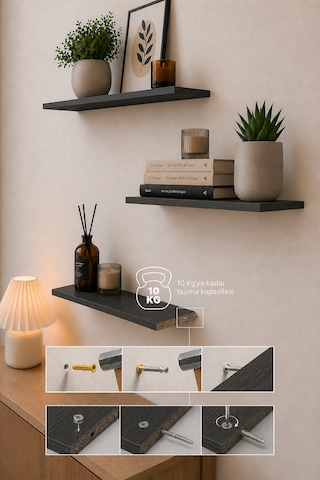 Nest 3 Raflı Gizli Monte Uçan Raf 50 15 Cm Siyah Wood