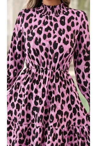 Moderie Butik Kadın Uzun Kollu Yarı Balıkçı Yaka Leopar Desenli Modal Mini Elbise Desenli