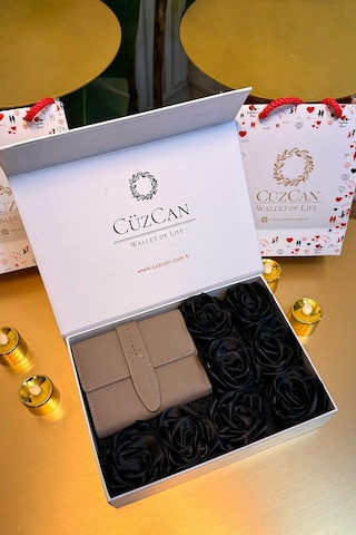 Premium Gift Rose Box - Lily Vizon Hakiki Deri Cüzdan Siyah Gül Kutusu Vizon