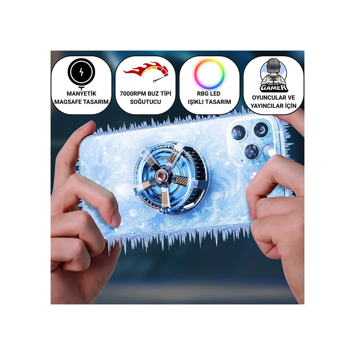 Coofbe Magsafe İle Uyumlu 7000 Rpm Turbo Fan Işıklı Klipsli Buz Etkili Telefon Soğutucu Radyatör Tüm Telefonlara Uyumlu