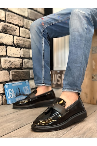 Bağcıksız Yüksek Taban Parlak Siyah Mat Detaylı Klasik Ayakkabı