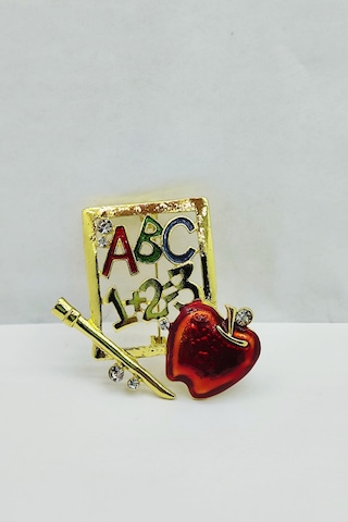 Öğretmen Temalı Abc 123 Kırmızı Elma Taşlı Broş Renkli Eğitim Sembollü Brooch Çok Renkli