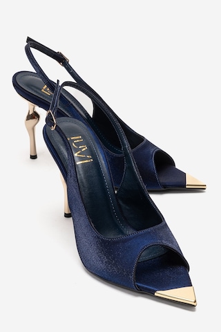 Luvishoes Amore Lacivert Saten Metal Detaylı Kadın Topuklu Ayakkabı