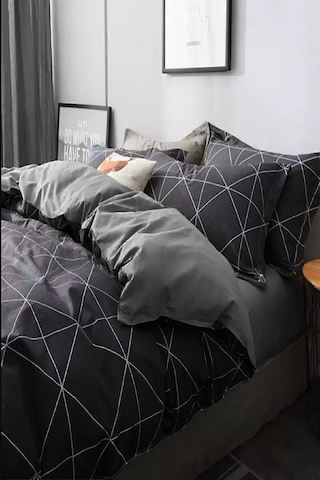 İqon Lastikli Çarşaflı Nevresim Takımı Çift Kişilik Geometric Gri
