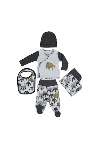 Veropukahome Ecocotton Pingu Erkek Bebek Zıbın Seti 5'Li Beyaz 0-3 Ay Beyaz