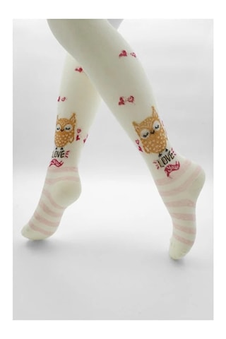 Veraye Socks Kız Külotlu Çorap Kedi Baykuş Ve Kalp Desen Pamuklu Penye 3'lü Krem-pembe-gri