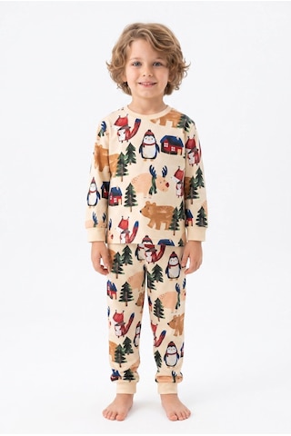 Bunny Hopp Kız Ve Erkek Çocuk Uzun Kollu Pijama Takımı %100 Pamuk Bej Kış Ormanı Ve Yılbaşı Desenli Penye