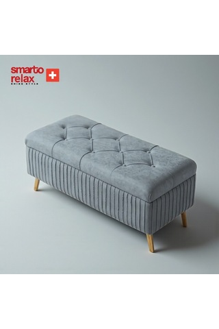 Smarto Relax Swiss Style Puf , Appenzell Kapitonesandıklı Puf, Babyface Kaplama, 100x40x45 Cm, Ahşap Ayaklı ,sandıklı Dekoratif Puf Gri