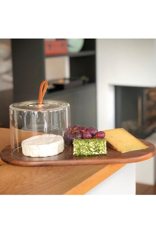 Walnut Cam Kapaklı Peynir Tabağı Ahşap