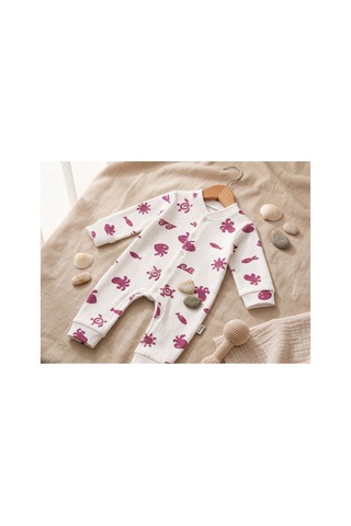 Deniva Kids Unisex Bebek %100 Pamuk Fitilli Kaşkorse Deniz Temalı Çıtçıtlı Uzun Kollu Tulum Beyaz