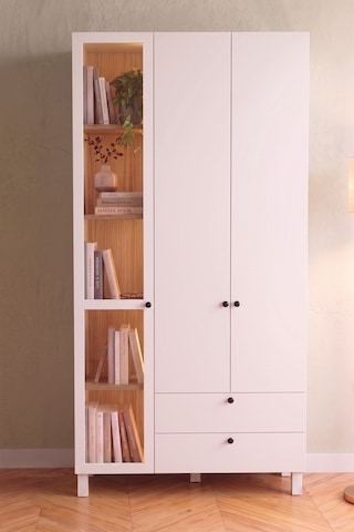 Robin Home Silva Temperli Camlı Neon Led Işıklı 3 Kapaklı 2 Çekmeceli Gardırop Elbise Dolabı Ahşap Ayaklı Sepet-beyaz 184cm