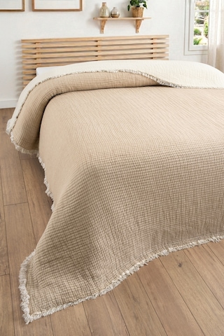 Tek Kişilik Müslin Yatak Örtüsü - 5 Katlı, Dolgulu, %100 Pamuk Müslin Yorgan - 160x220 Cm-bej Bej