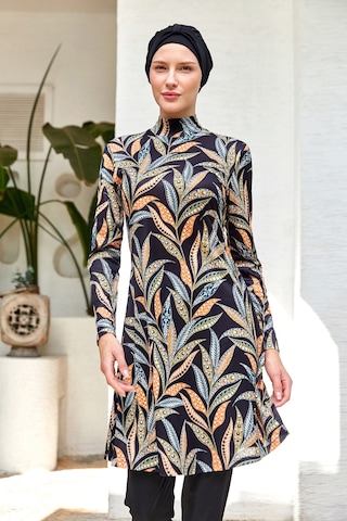 Likralı Tam Kapalı Tesettür Mayo Desenli 3105 Siyah Siyah