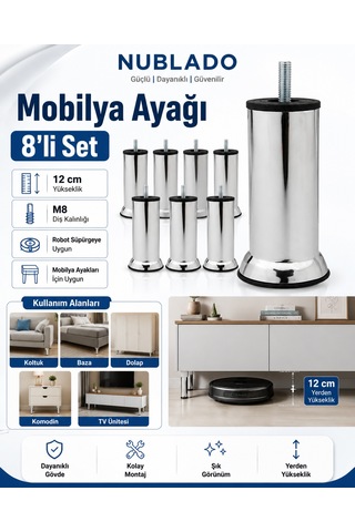Mobilya Ayağı 8 Li Set 12 Cm M8 Krom Mobilya Ayağı Robot Süpürge Uyumlu Koltuk Baza Dolap Tv Ünitesi Gri