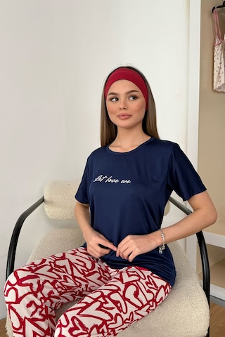 Giysa Kadın Bisiklet Yaka Desenli Kısa Kollu Pijama Takımı Lacivert - 26y 2601