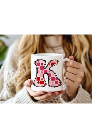 K Harfi Pembe Kareli Kalpli Göz Emojili Kupa Bardak Eğlenceli Kareli Tasarım Kahve Çay Kupası 07 Beyaz