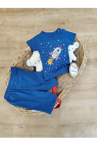 2'li Erkek Bebek Takım Indigo Roketli Şortlu 3-6-9-12 Ay Bebek Takımları Kıyafetleri Bebek Giyim İndigo