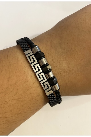 Erkek Dalga Desen Çelik Detay Deri Bileklik Siyah