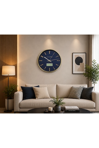 Lacivert Gold Premium Duvar Saati Dijital Göstergeli Modern Dekoratif Saati