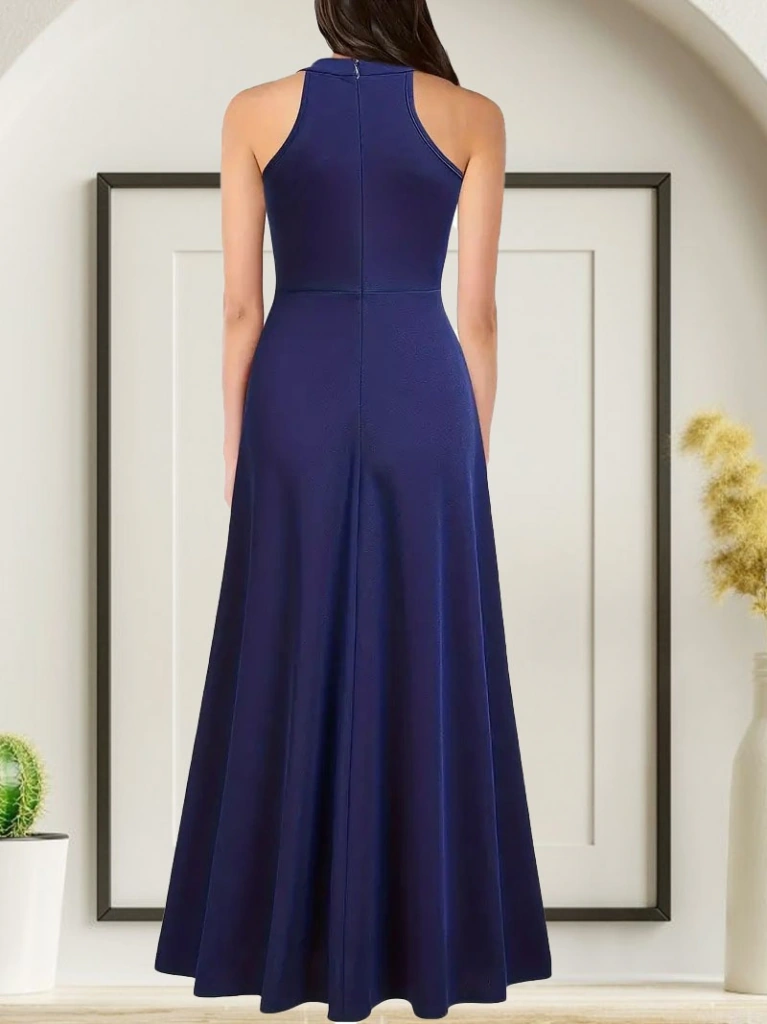 S-pazarım Kadın Halter Yaka Derin Yırtmaç Detaylı Tam Boy Janjan Krep Abiye Elbise Mavi