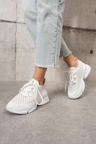 Shoetek Lorda Kadın Sneakers Bağcıklı Triko Dokumalı Spor Ayakkabı Beyaz Beyaz