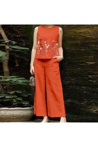 Zanzea Kadın Çiçek Baskı Tankı Üstleri Ve Pantolon Yaz Rahat Iki Parçalı Takım Elbise Seti Turuncu