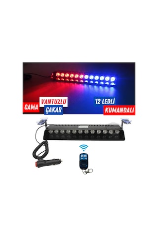 S12 Kumandalı Cam İçi Vantuzlu Polis Çakar Lamba İkaz Lambası 12 Ledli 14 Farklı Mod Kablosuz Kırmızı Mavi Çakmaklık Girişli 00 Şüscaroto Aksesuar