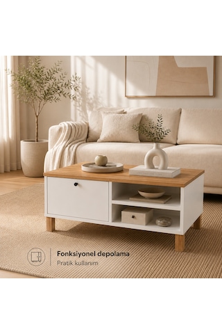 The Voguemaxima Livenza Kapaklı Kayın Ahşap Ayaklı Orta Sehpa 90 60 38,6 Cm Beyaz