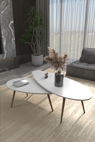 Orta Sehpa Seti Modern 2 Li Ahşap Ayaklı Salon Oturma Odası Dekoratif Sehpa Takımı 8888 Ceviz Efes Beyaz