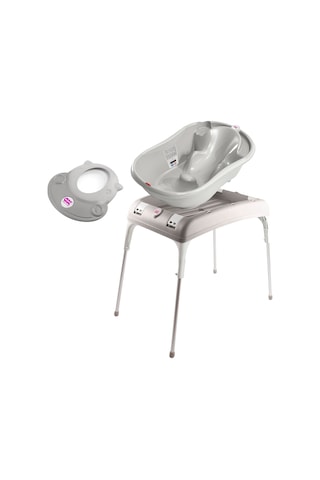 Okbaby Bebek Banyo Seti Onda Dijital Termometreli Çift Yönlü Küvet + Küvet Taşıyıcı + Hippo Duş Şapkası A.gri