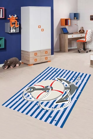 Dijital Baskılı Mavi Can Simidi Desenli Dekoratif Yıkanabilir Kaymaz Taban Çocuk Halısı Çok Renkli