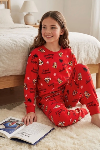 Zuzunga Kız Çocuk Yılbaşı Temalı Tiger Desenli Uzun Kollu Pijama Takımı Kırmızı