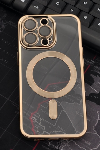 Apple Uyumlu iPhone 13 Pro Magsafe Özellikli Altın Sarı Gold Renkli Kenarlı Lazerli Şeffaf Kılıf Lens Korumalı